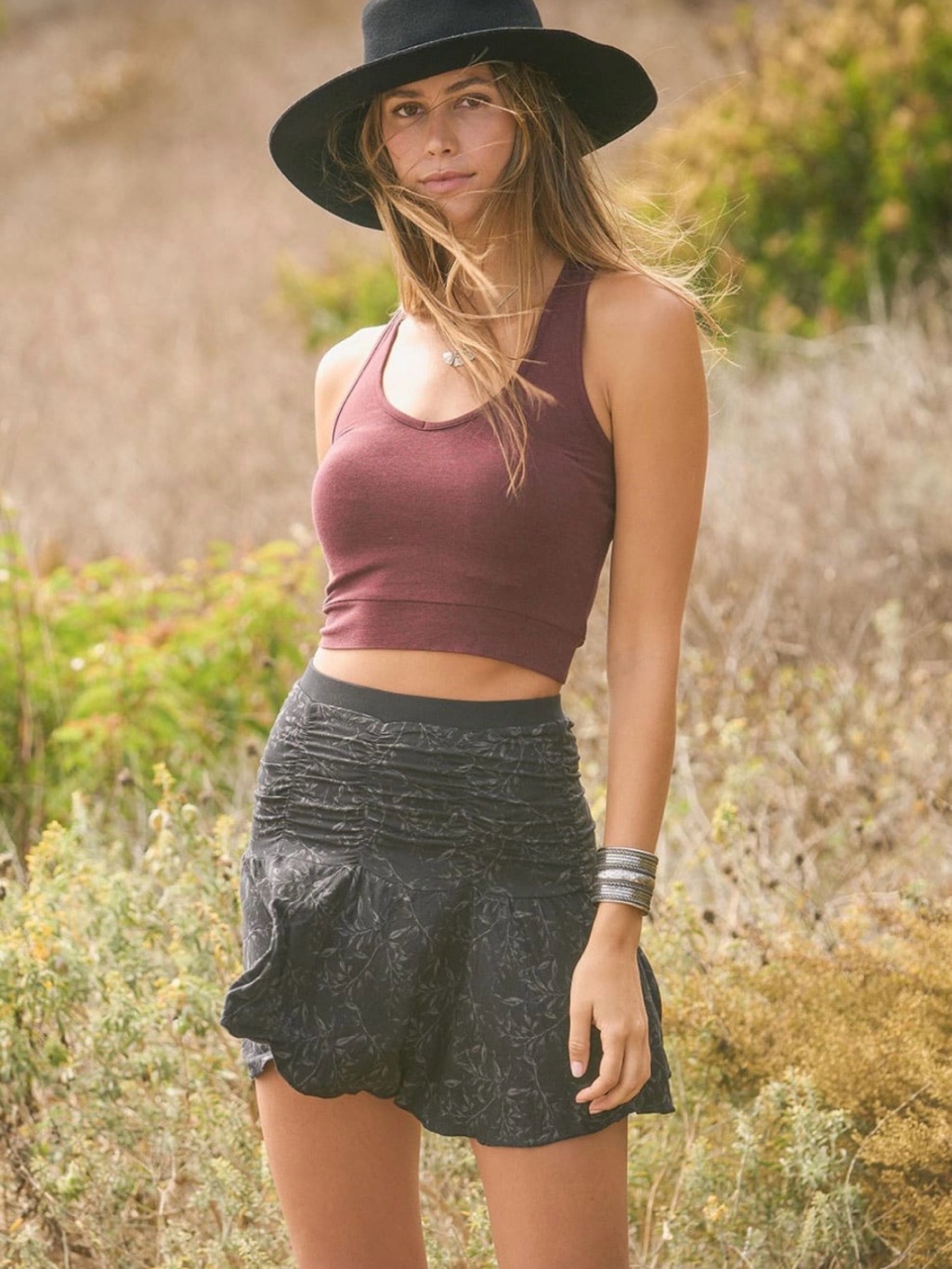 Nomads Hemp Wear Cassia Skirt, Black Leaf Print, Ruched Waistband, Medium